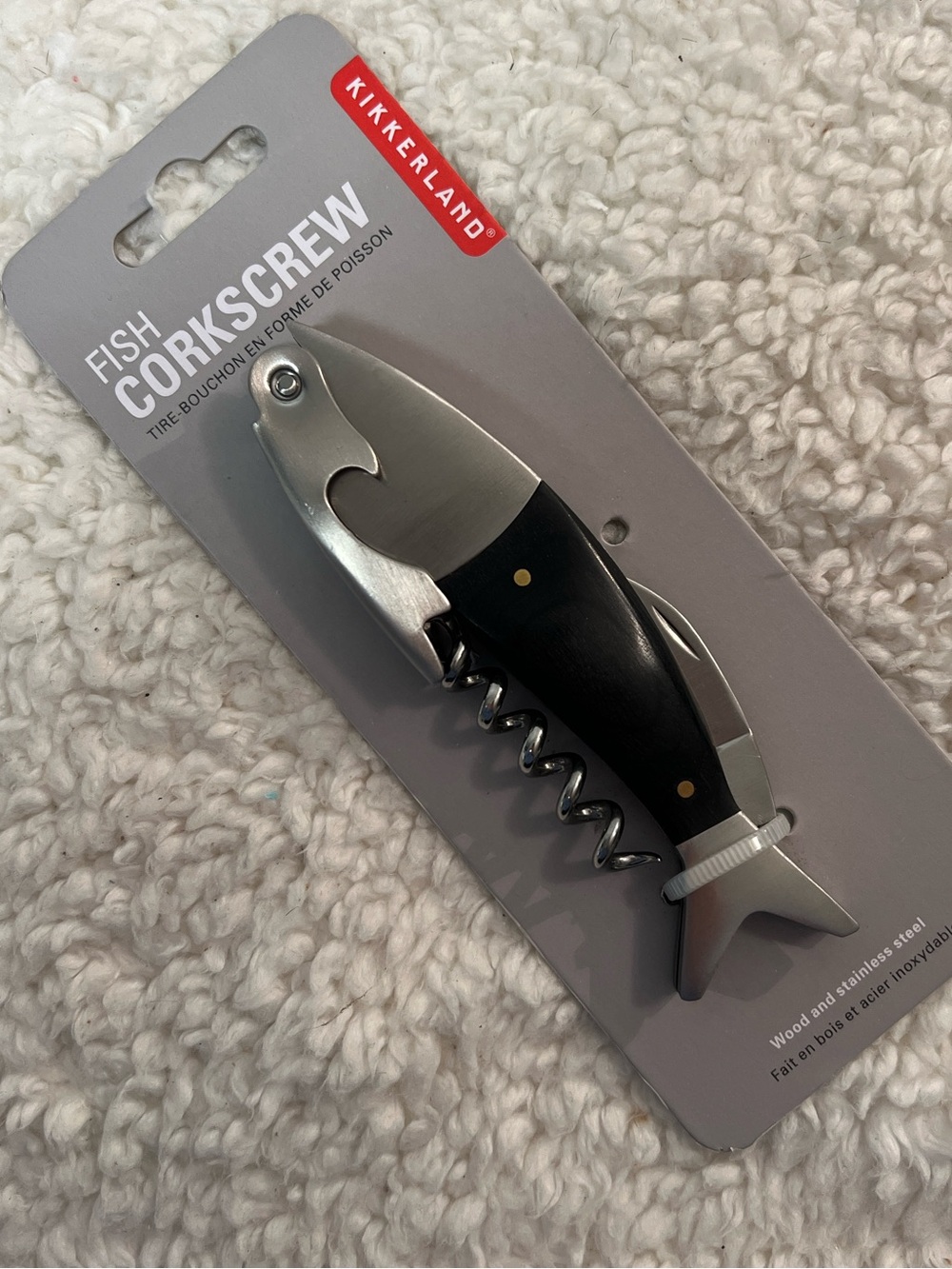 Kikkerland Dark Oak Wood & Stainless-Steel Wine Bar Fish Corkscrew